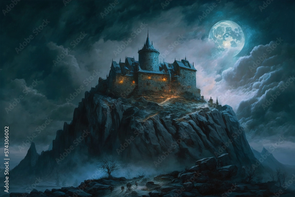 A castle in a top of a mountain with a beautiful Landscape oil painting masterpiece, Generative Ai