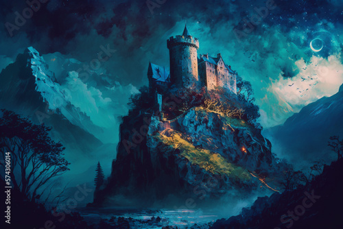 A castle in a top of a mountain with a beautiful Landscape oil painting masterpiece, Generative Ai © saulo_arts