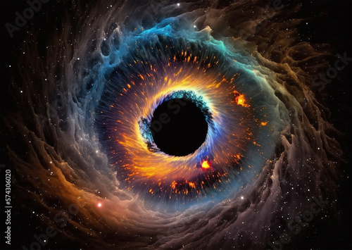 A black hole with a glowing constellation of various colors revolves around a black hole in the universe. © Gun
