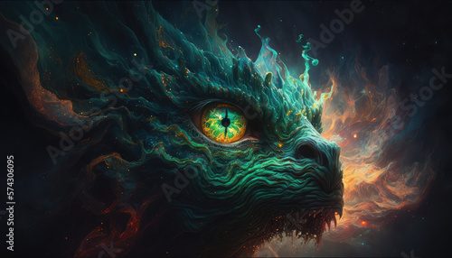 The Celestial Beast - an abstract hyperrealistic artwork of a magical malachite nebula creature with vibrant glowing eyes, a stunning wallpaper background