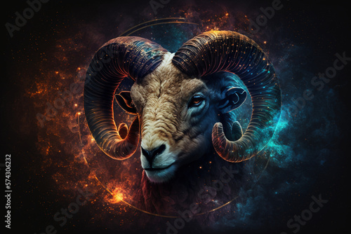Aries (the ram) zodiac sign against universe background, horoscope, Generative Ai