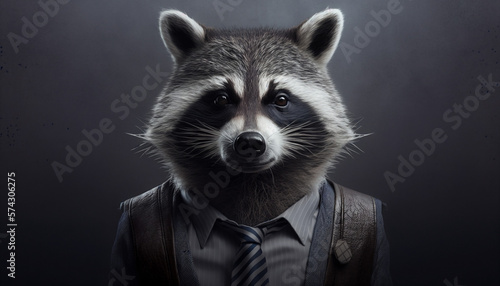 Portrait of a raccoon in business suit on isolated background. Generative AI 