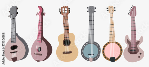 Guitar set. Acoustic guitar, electric guitar banjo and  mandolin on white background. String musical instruments. Cute flat cartoon style. Vector illustration