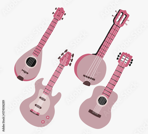 Guitar set. Acoustic guitar, electric guitar banjo and  mandolin on white background. String musical instruments. Cute flat cartoon style. Vector illustration
