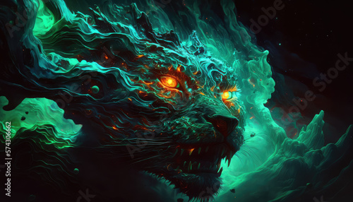 The Celestial Beast - an abstract hyperrealistic artwork of a magical malachite nebula creature with vibrant glowing eyes, a stunning wallpaper background © Kaare
