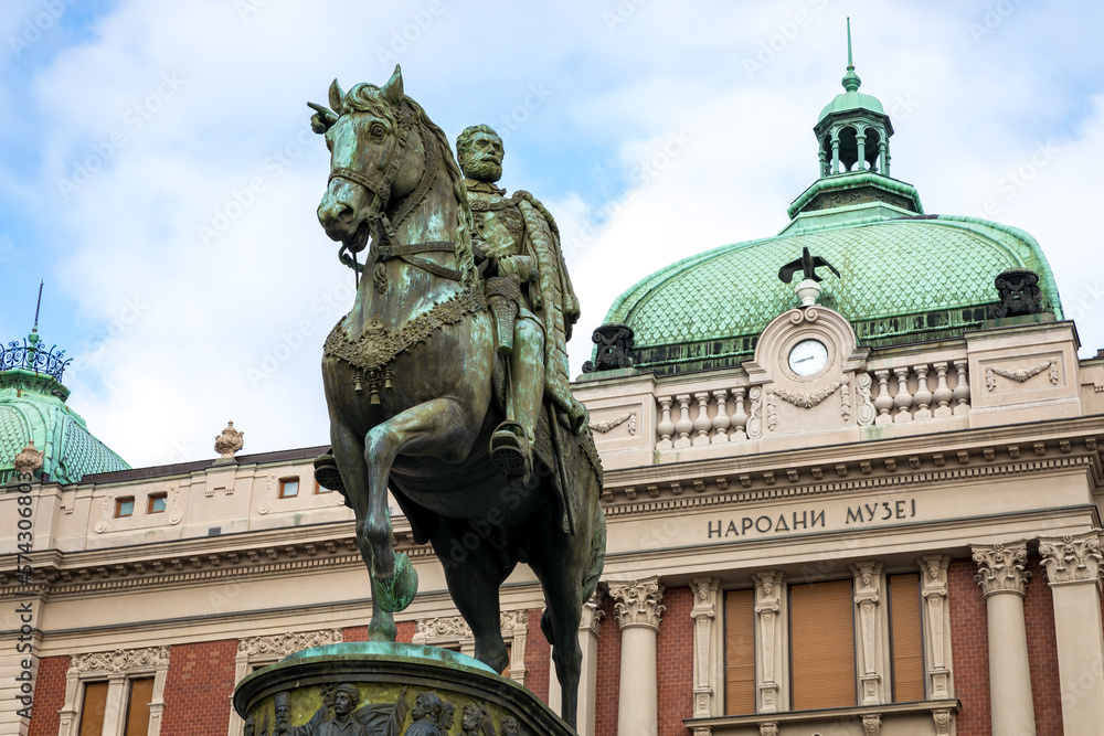 The Republic Square (Trg Republike in Serbian) with old Baroque style buildings, the statue of Prince Michael and the National Museum. The Republic Square (Trg Republike in Serbian) with old Baroque style buildings, the statue of Prince Michael and the National Museum.