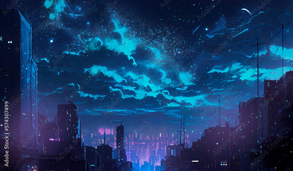 Beautiful cloud illustration with stars and cityscape. Generative AI.