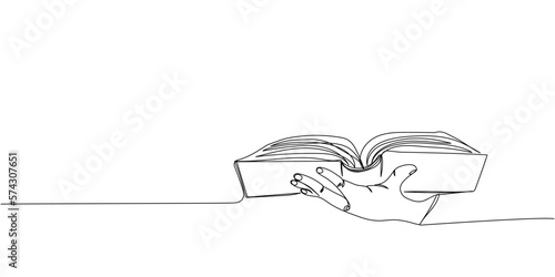 Open book in left hand one line art. Continuous line drawing of book, library, education, school, study, literature, paper, textbook, knowledge, read, learn, page, reading.