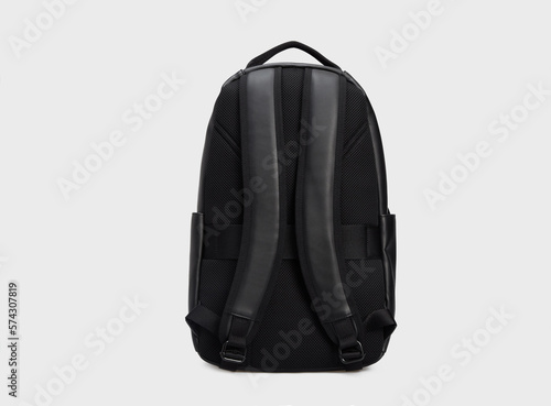 Unisex Black Leather Business Office Backpack isolated on White Background. Daypack Rucksack, Bag with pocket for Men, women. Business office wear. Back view. Template, mock up