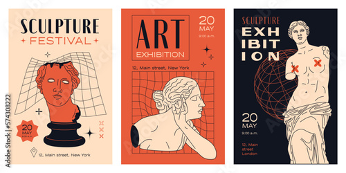 A set of posters with Greek sculptures. Template of flyers for an exhibition of contemporary art.