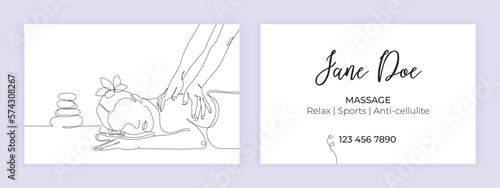 A business card for a masseur or spa salon. Vector one line illustration with massage, editable stroke. Business card template