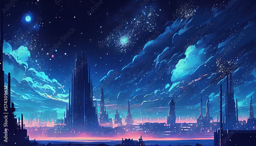 Nighttime cityscape illustration with blue shades digital painting. Generative AI. Nighttime cityscape illustration with blue shades digital painting. Generative AI.