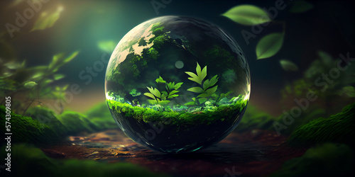 Environment Concept - Globe Glass In Green Forest With Sunlight, AI Generated