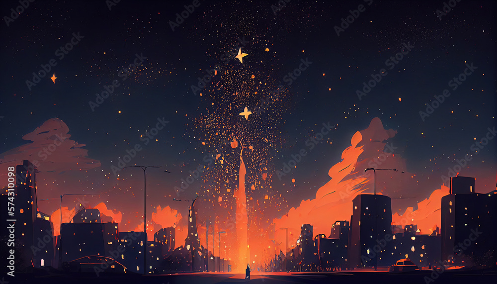 Orange cloud illustration with stars and cityscape. Generative AI.