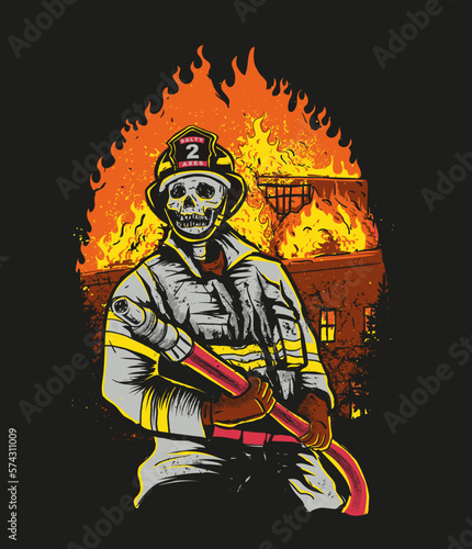 A skeleton firefighter holding fire hose with a fire building