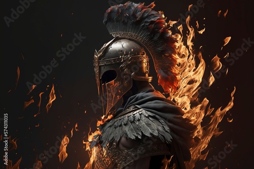 Flaming Roman warrior armor. AI technology generated image