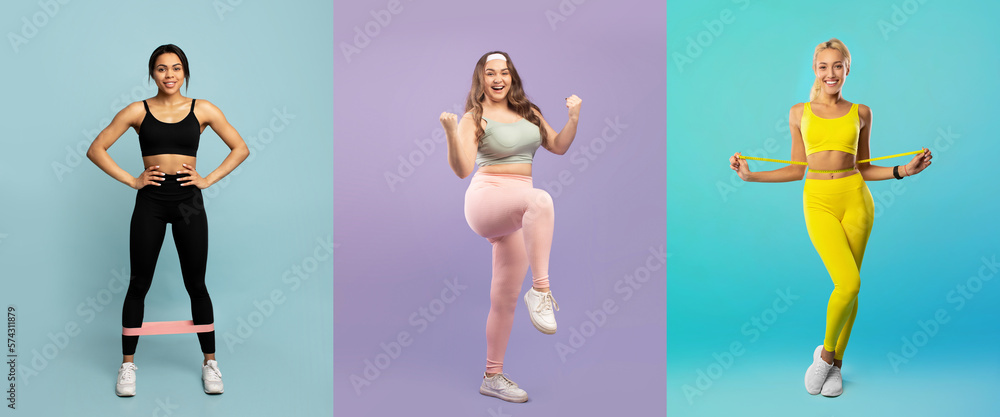 Collage With Sporty Multiethnic Women Exercising Over Colorful Studio Backgrounds
