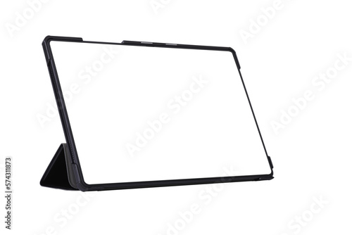 Black tablet on stand for full screen side view