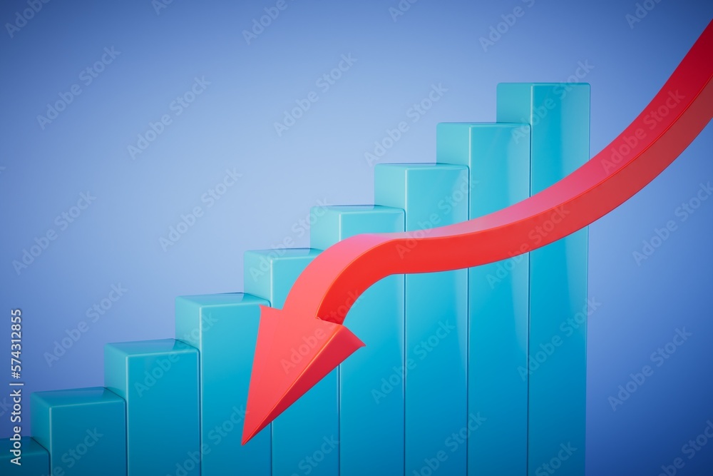decline in income. a graph and a red arrow going down on a blue background. 3D render decline in income. a graph and a red arrow going down on a blue background. 3D render