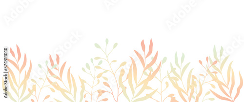 Floral border. Summer tropical gradient branches, edge decoration, banner. Delicate floral botanical horizontal decor for fabric, prints, banner, print.