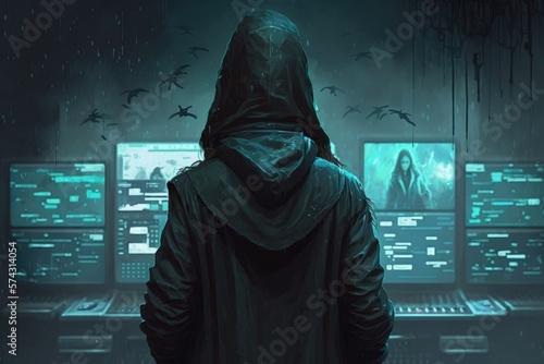hacker, who uses their skills to break into secure systems and uncover hidden secrets, all while staying one step ahead of the authorities digital art poster AI generation Fototapeta