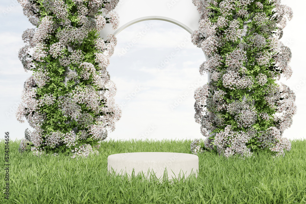 Fototapeta premium Abstact 3d render spring scene and Natural podium background, White podium on the grass field, backdrop flower pillar and white arch for product display advertising, cosmetic, etc