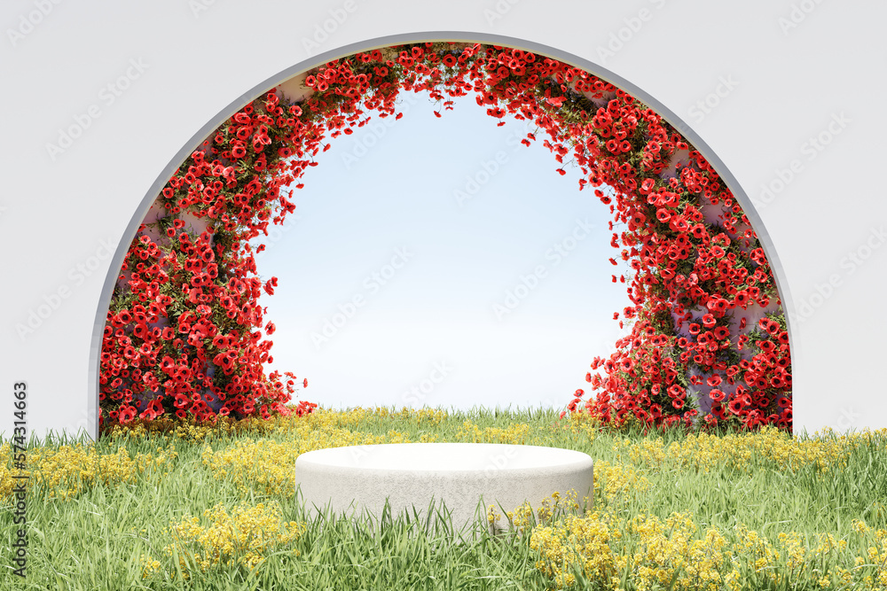 Abstact 3d render spring scene and Natural podium background, Stone podium on yellow flowers, grass field, backdrop red flowers arch door, sky and clouds for product display advertising, cosmetic, etc - obrazy, fototapety, plakaty 