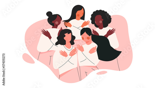 Embrace Equity International Women day 2023. Woman hug yourself vector illustration poster. 8 March feminine banner. EmbraceEquity. Female empowerment movement. Sisterhood and girl power concept