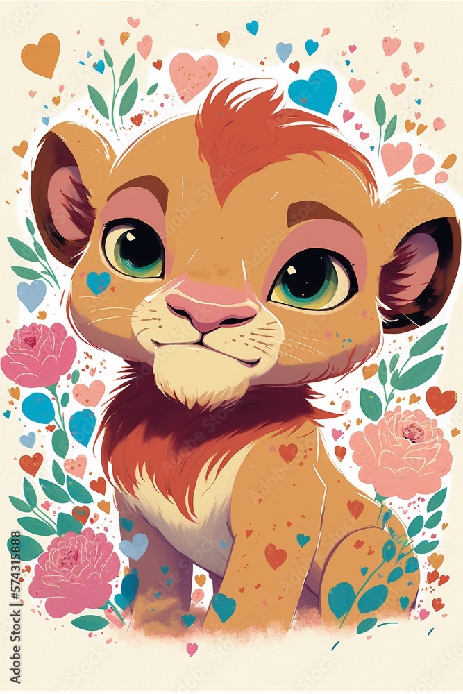 Cute watercolor lion cub in flowers created with Generative AI Tools