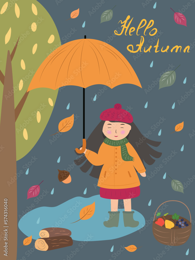 Autumn poster with a cute girl in the woods. Rainy autumn. Cartoon style. Autumn poster with a cute girl in the woods. Rainy autumn. Cartoon style.