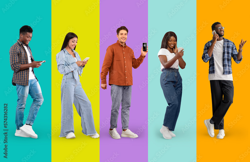 Obraz premium Mobile Communication. Diverse Young Men And Women Talking Or Messaging On Smartphones