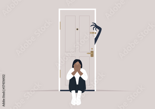 A young character sitting on the floor with their back turned to the entrance door, A spooky monster hand trying to unlock a chain lock, unsafe environment