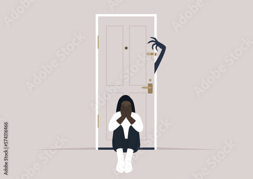 A young character sitting on the floor with their back turned to the entrance door, A spooky monster hand trying to unlock a chain lock, unsafe environment