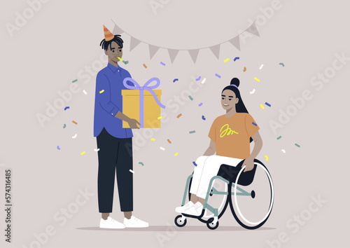A birthday party, a jubilee using a wheelchair support due to moving disability