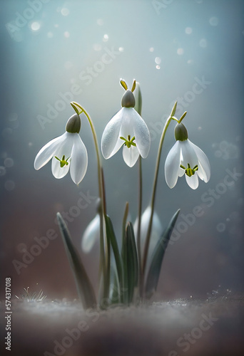 Spring Snowdrop Flowers in Spring Forest on nature Background of Sun and Blurred Bokeh Lights. AI Generated