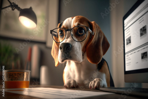 Generative AI picture of dog entrepreneur working at table with PC Fototapet