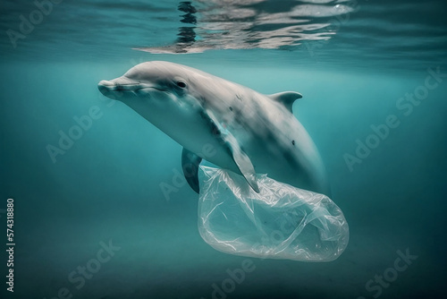Dolphin Swimming with Plastic Bag, generative AI © andrea