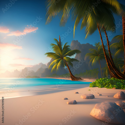 beach with palm trees - tropical landscape - beach - Generative AI