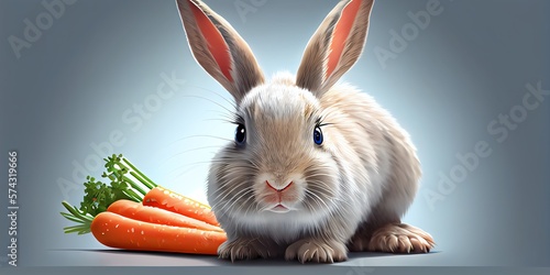 Illustration of A fluffy blueeyed rabbit with a carrot genarative AI. Generative AI photo