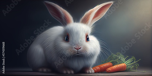 Illustration of A fluffy blueeyed rabbit with a carrot genarative AI. Generative AI photo