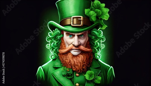 A fabulous leprechaun holding a beer with red hair and beard character in a green hat and clover suit for good luck. St. Patrick's Day holiday on isolated green background, generative AI