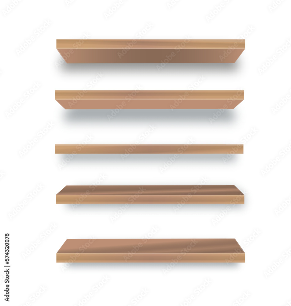 Various empty wooden store shelves set. Grocery rack. Vector