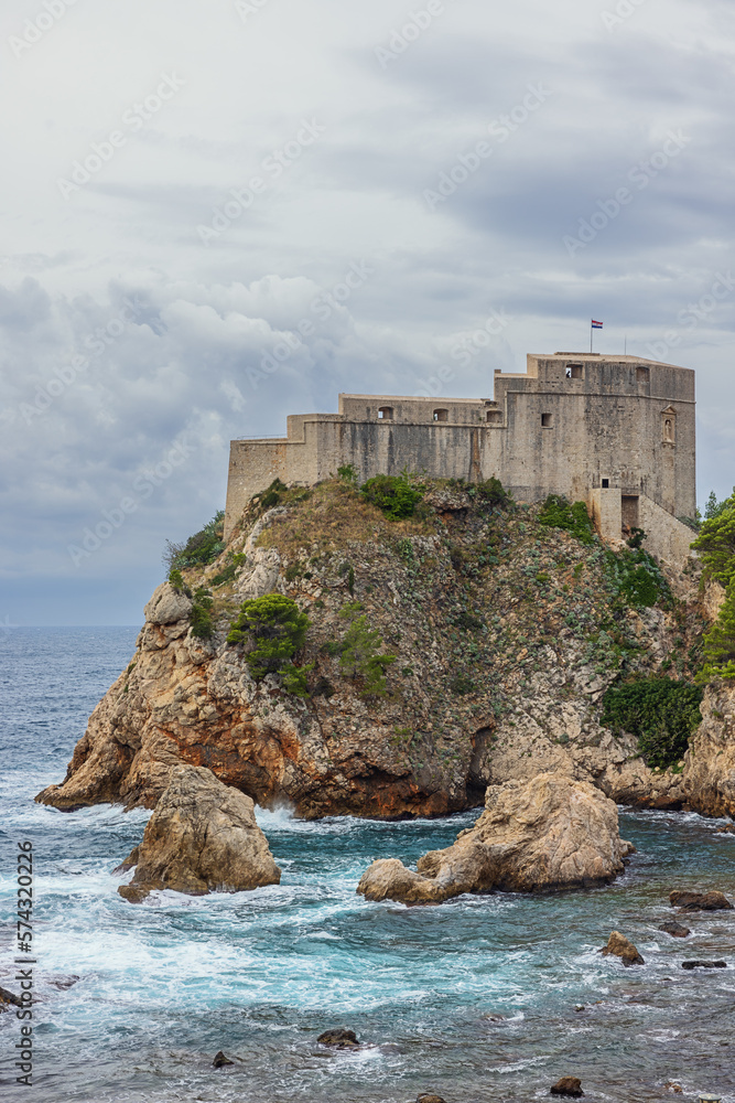 Fort Lovrijenac high on its rock also known as Fort St. Lawrence, seen from the walls of Dubrovnik
