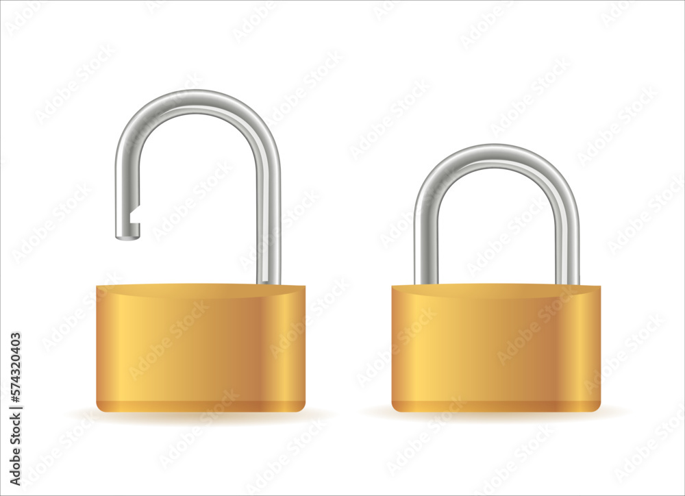 Gold padlocks set. Golden closed and open padlock isolated. Chrome locks template.Vector