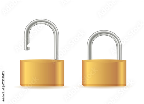 Gold padlocks set. Golden closed and open padlock isolated. Chrome locks template.Vector