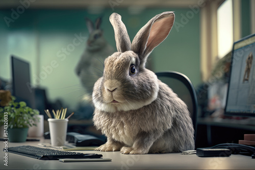 Generative AI illustration of bunny working in office