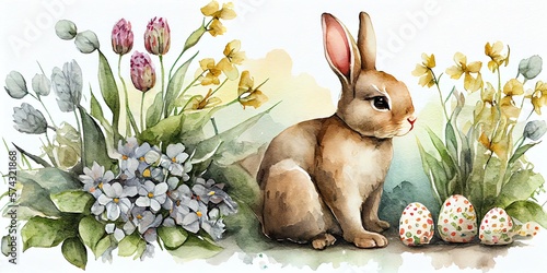 Fototapeta Naklejka Na Ścianę i Meble -  Illustration of Easter bunny. flowers and eggs watercolor. Generative AI