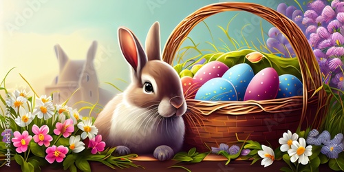Illustration of easter bunny with easter eggs basket and flowers in spring scene. Generative AI