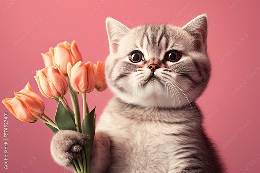 Cute cat holding a bouquet of tulips on pink background. Generative Ai Cute cat holding a bouquet of tulips on pink background. Generative Ai
