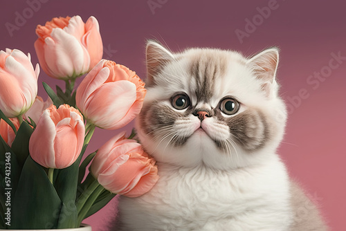 Cute cat holding a bouquet of tulips on pink background. Generative Ai